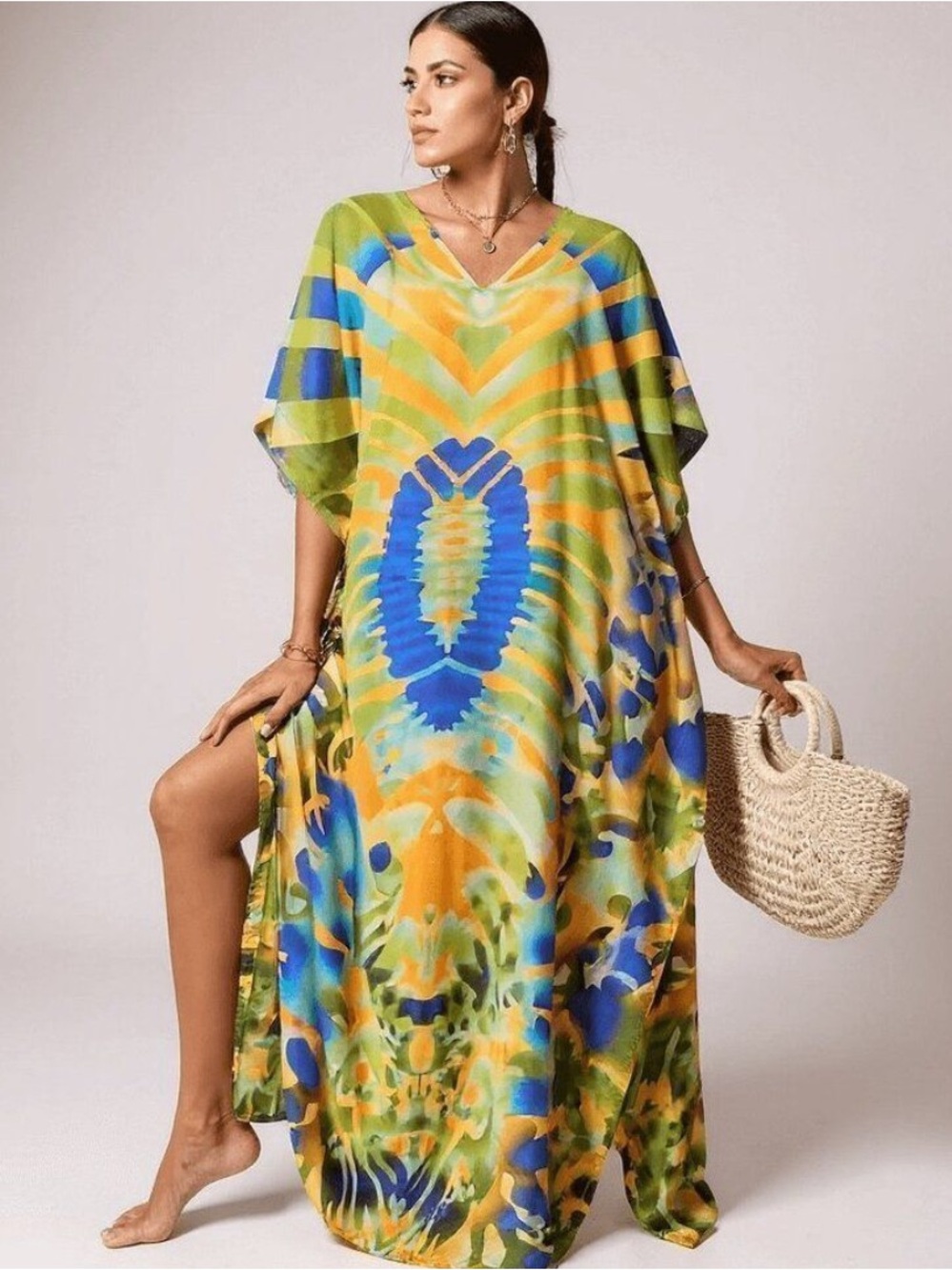 Blue Yellow Tribal Maxi Kaftan Dress Beach Cover Up Plus Size